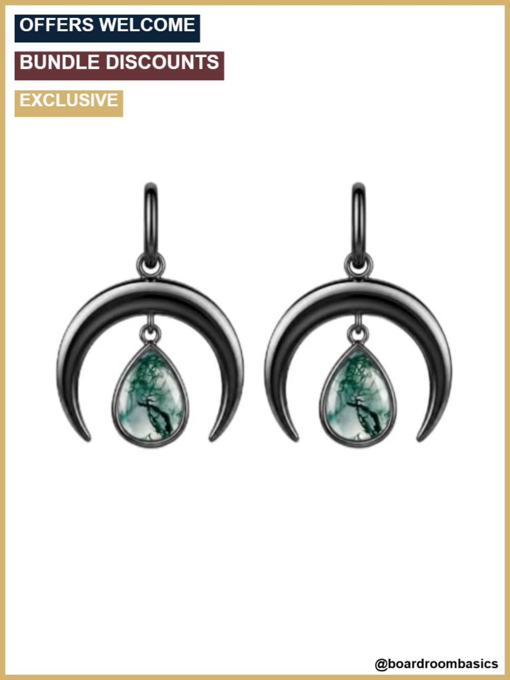 Gothic Celtic Moss Agate Teardrop Dangle Earrings Black Gold Plated